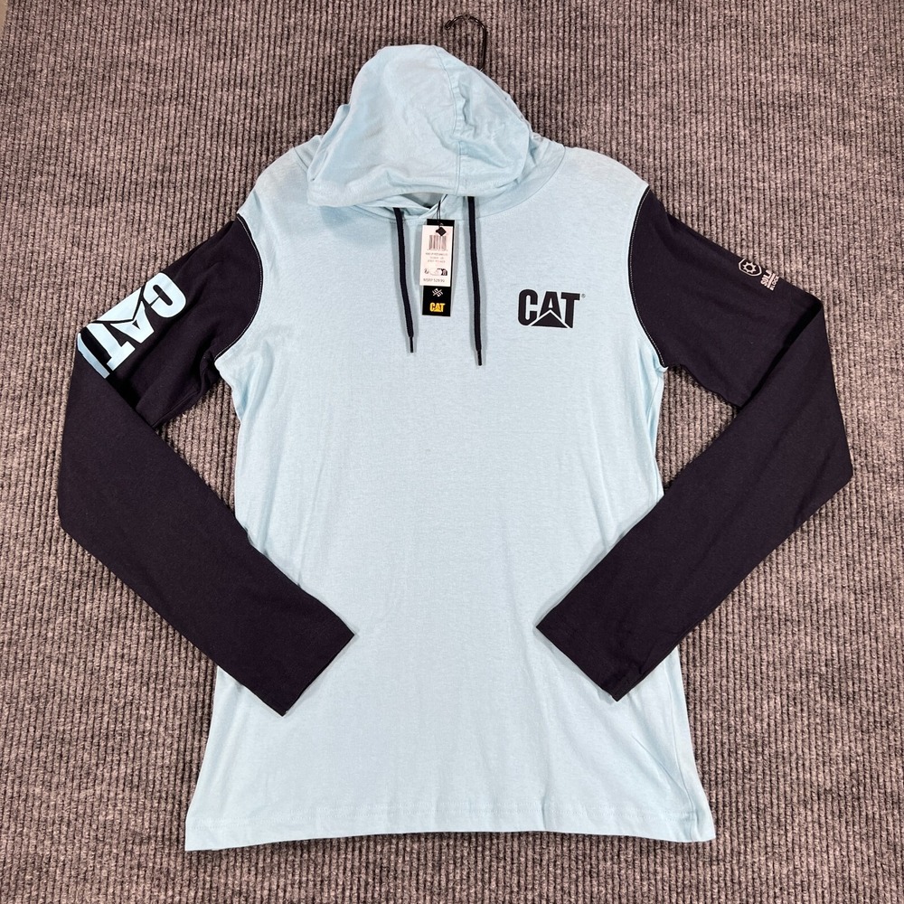 Caterpillar CAT Shirt Womens Small Blue Long Sleeve‎ UPF Hooded Lightweight New